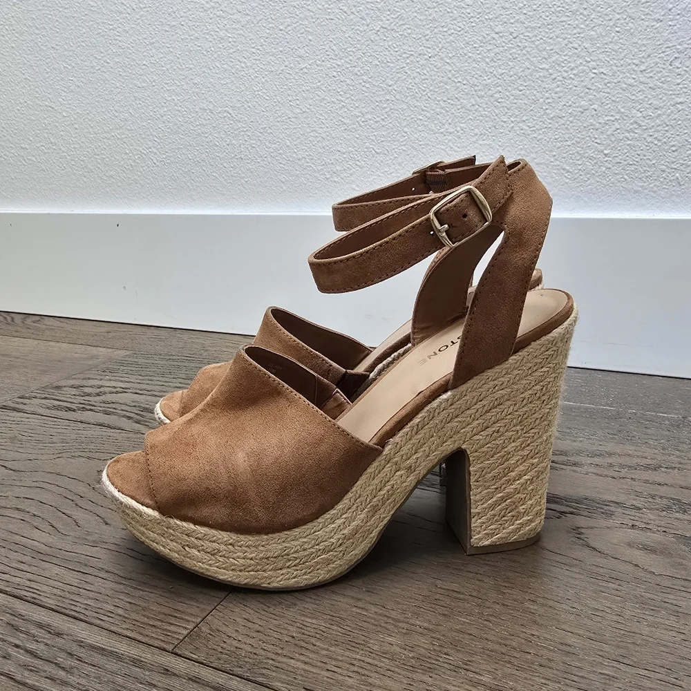 Sun + Stone Fey Platform Ankle Strap Espadrille Block Heel Sandal in Cognac
